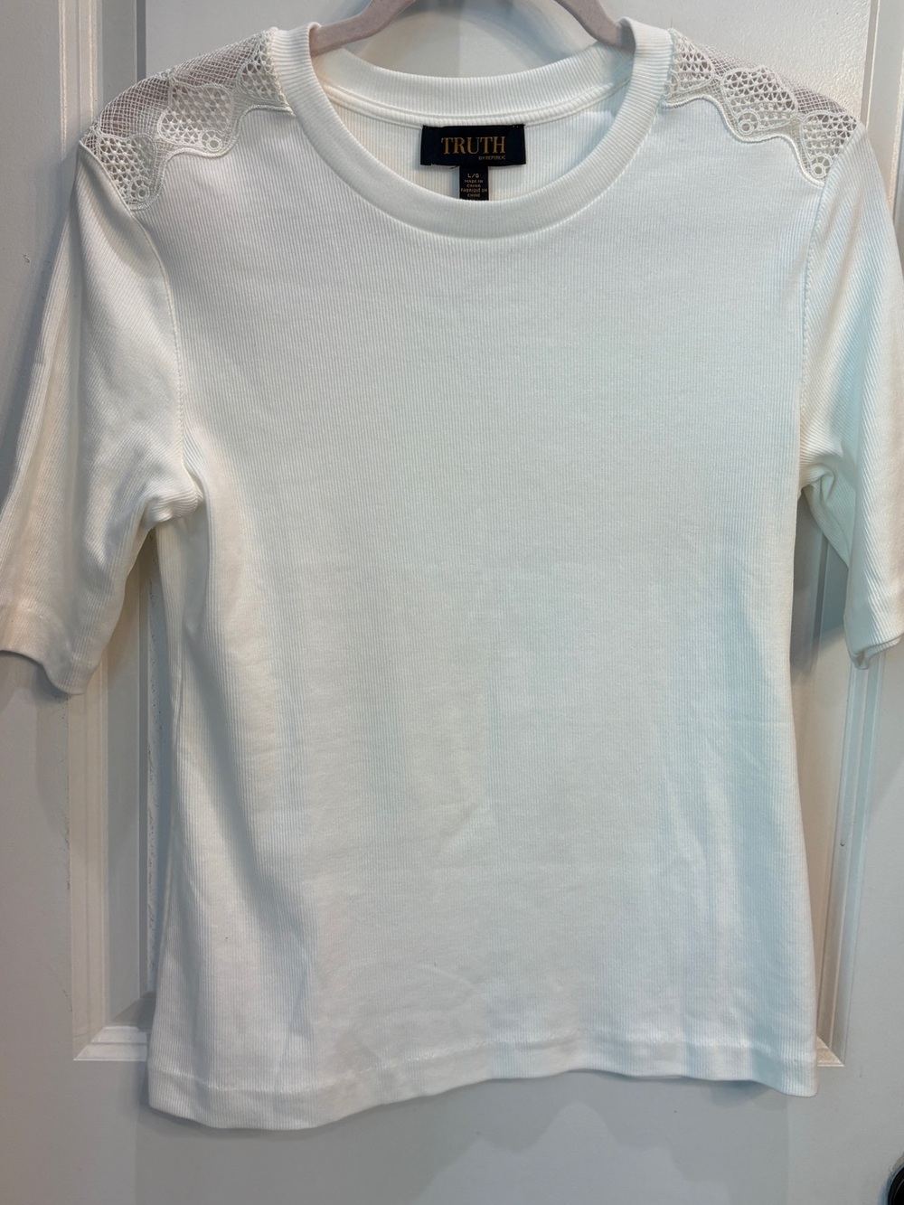 Truth White Short Sleeve Tee with Lace Shoulder Trim